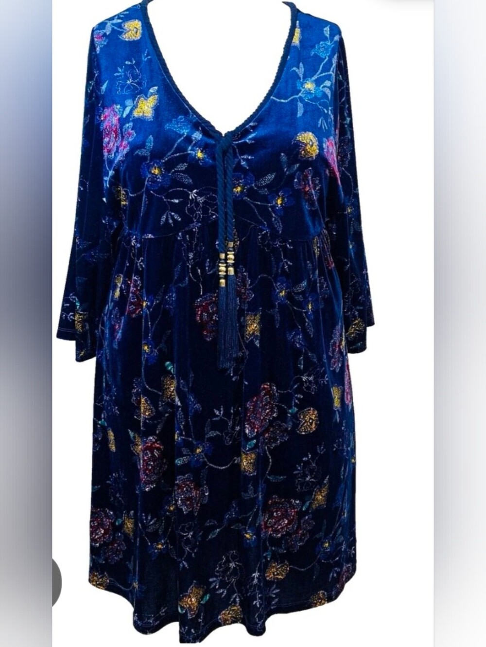 Love & Legend Deep Blue Velvet Floral Midi Dress with Tassel Tie